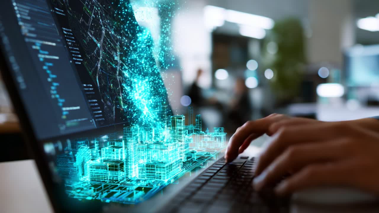Exploring the Fusion of Technology and Urban Development: A Glimpse into a Futuristic Cityscape Emerging from a Laptop, Symbolizing Innovation and Digital Transformation