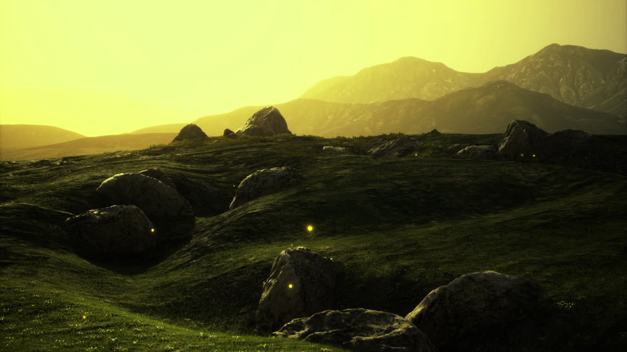 Golden sunset over tranquil hills with scattered boulders and glowing insects