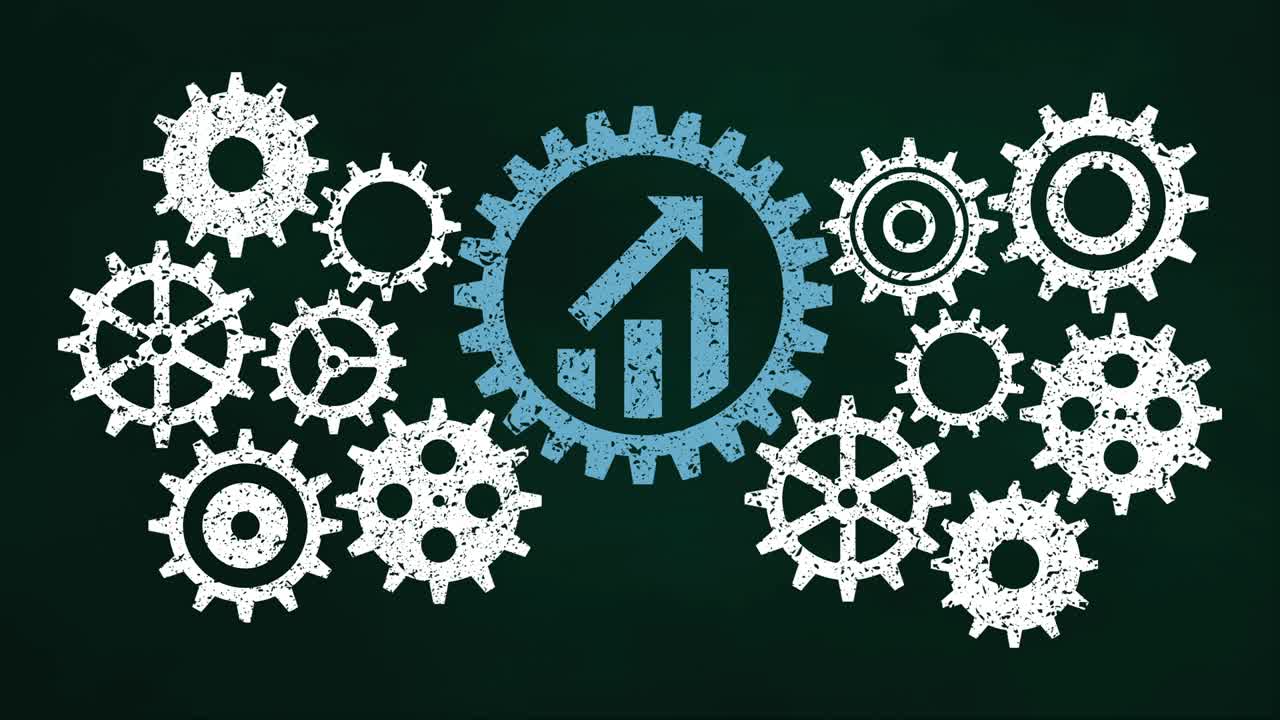 concepto de mecanismo de engranajes de negocio en la pizarra. icono de gráfico azul