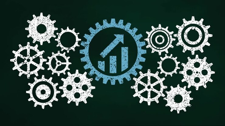 Business gear mechanism concept on chalkboard. Blue graphic chart icon