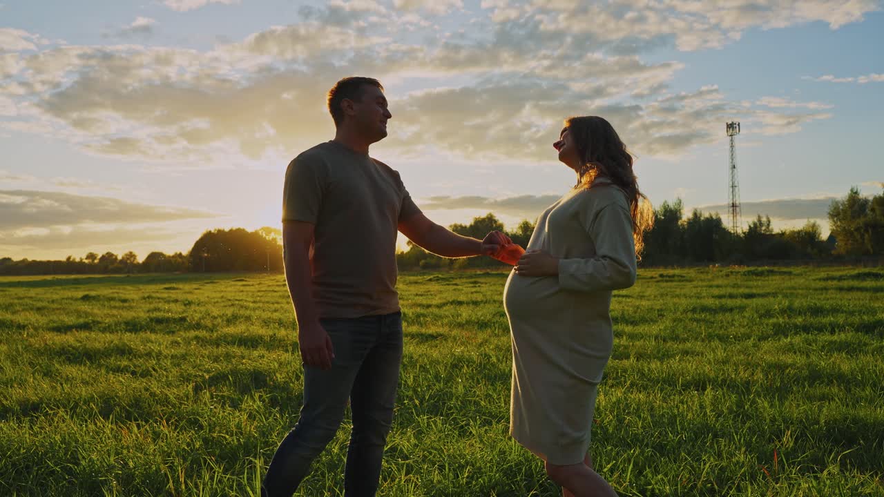 Pregnant Couple Holding Hands at Sunset