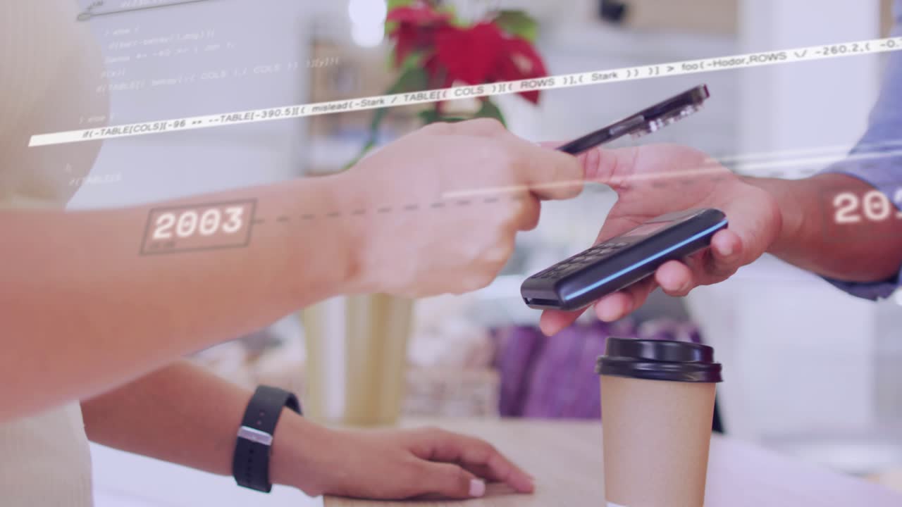 Customer raising phone while worker aligning reader over cup, years animating, paying for coffee