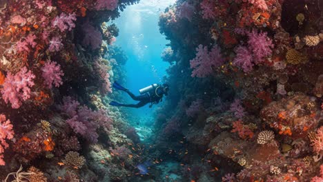 an enchanting dive into a vibrant underwater canyon surrounded by colorful coral reefs and lively marine life, capturing the serenity of undersea exploration