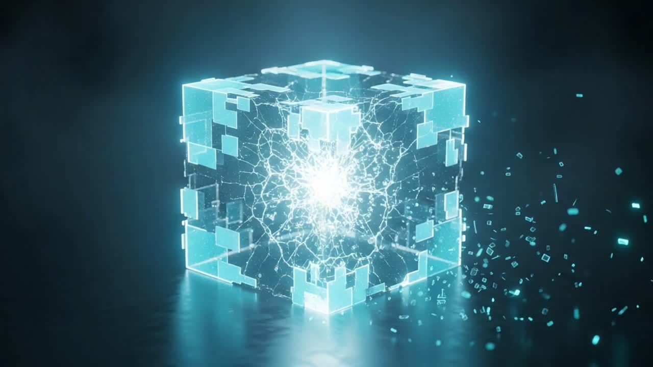 Exploring a Glowing Digital Cube: An Abstract Representation of Technology and Innovation with Pulsating Energy and Dynamic Visual Effects