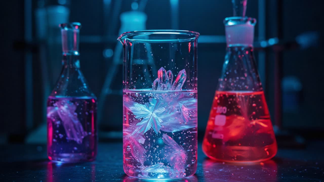 A Captivating Scene of Colorful Chemical Reactions: Beakers and Flasks Illuminate with Vibrant Colors and Intriguing Ice Crystal Formation in a Laboratory Environment