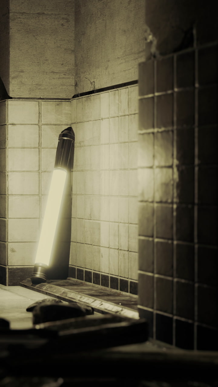 Light fixture stands in an empty room with tiled walls in low light