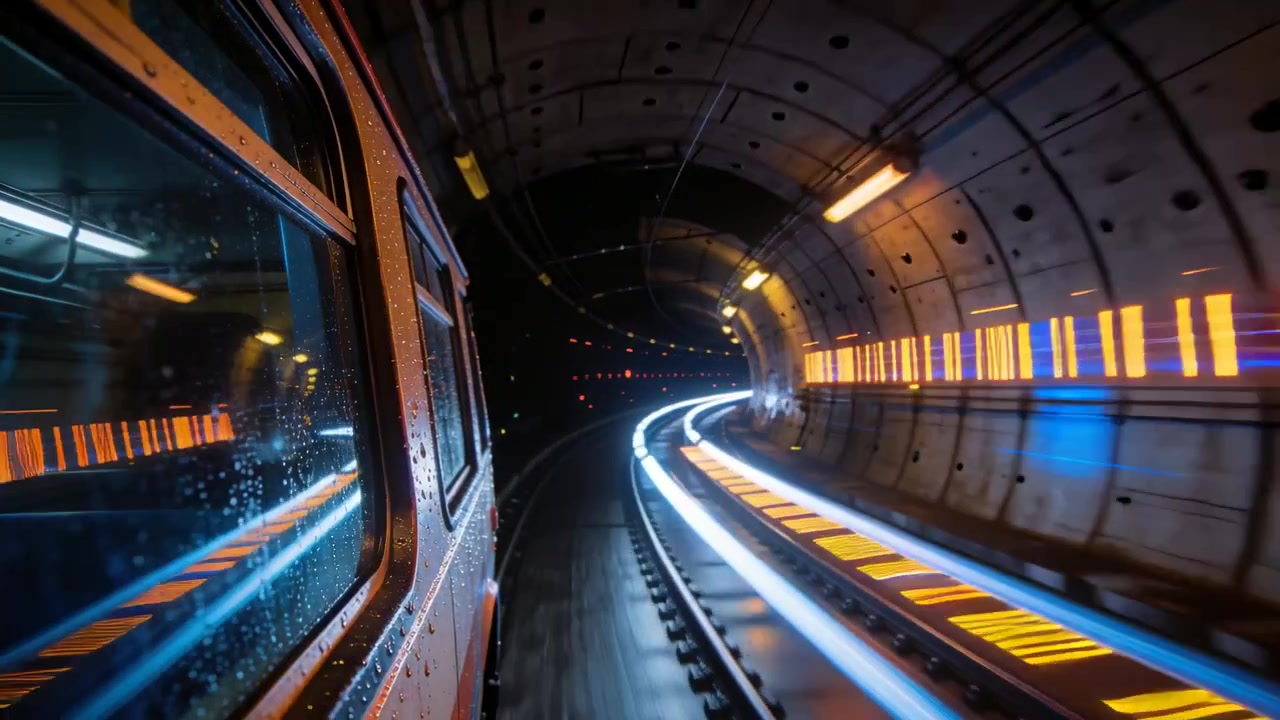 Carrozza in movimento che mostra un finestrino bagnato che riflette i binari di guida e un bagliore ambrato attraverso il tunnel, con spazio per il testo.