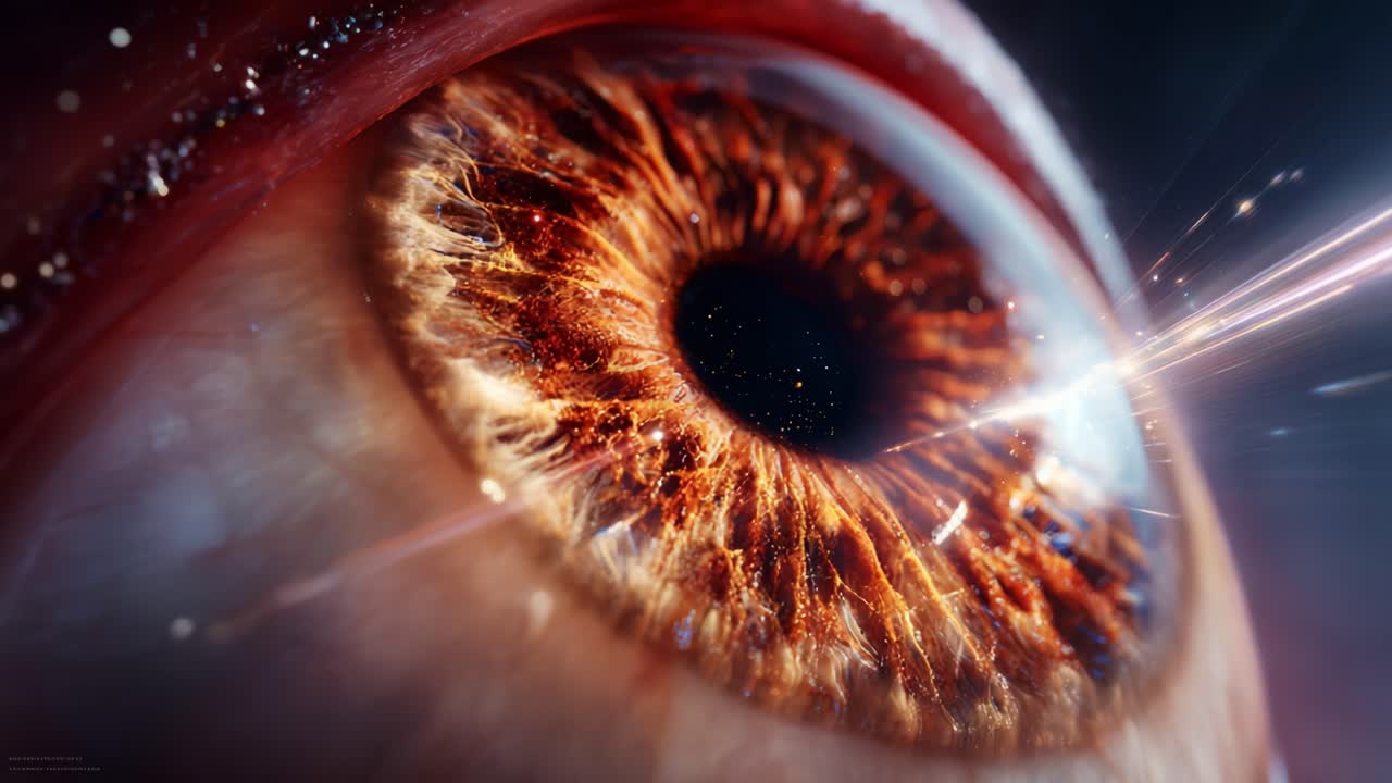 An intricate close-up of a captivating eye featuring a mesmerizing pattern and vibrant colors, capturing the essence of vision and perception amidst a cosmic backdrop