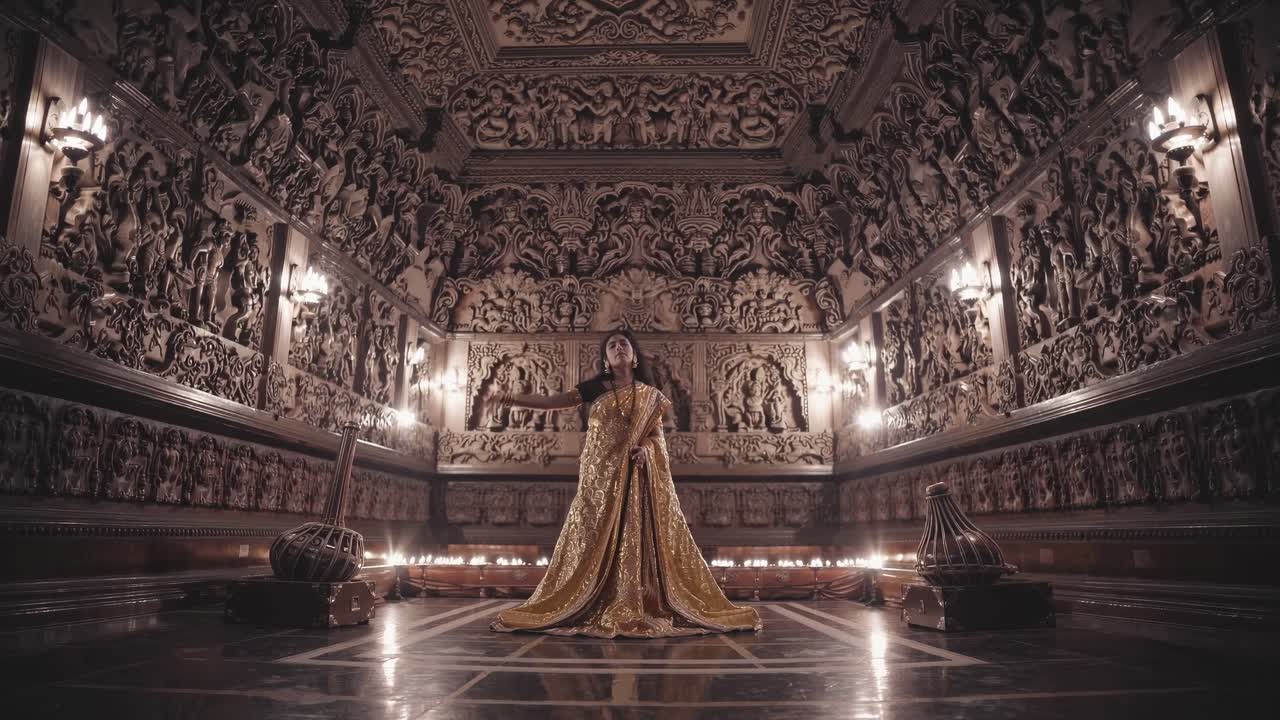 Elegant woman in golden attire gracefully performs in intricately designed room, showcasing cultural expression and artistic ambiance through fluid motion sequence