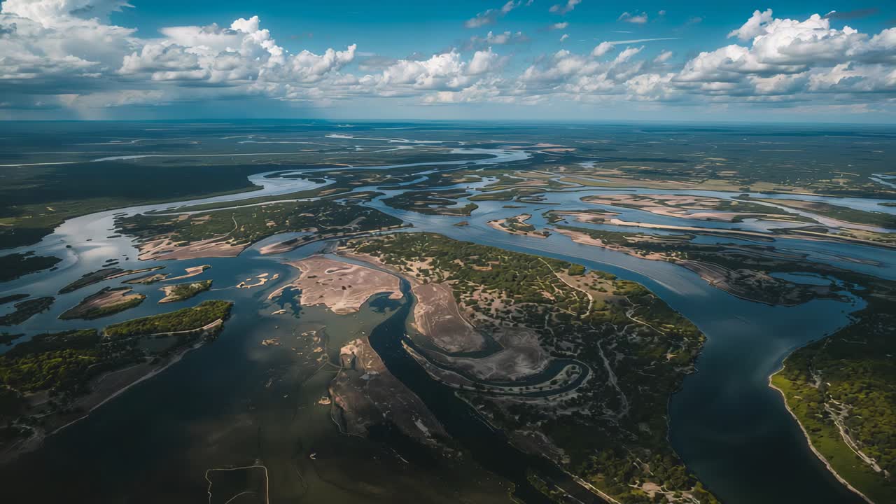 Drone che sorvola il delta intrecciato di un fiume presso l'estuario, mappando banchi di sabbia e piane di marea