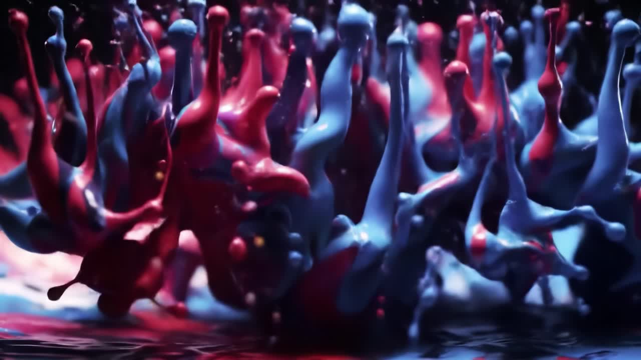Dynamic Color Splash: A Captivating Display of Vibrant Red and Blue Paint Droplets in Motion, Creating Stunning Visual Effects and Organic Shapes