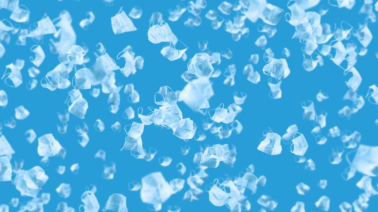 파란색 바탕에 많은 색 마스크를 날리는 의료 개념, 수술 보호 마스크, 마스크 회전의 3d 애니메이션, 루프 애니메이션.