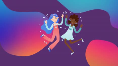 Animation-of-illustration-of-happy-african-american-and-caucasian-girl-dancing-over-colourful-shapes