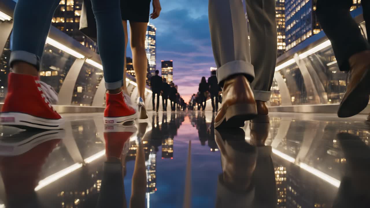 People walking on a bridge in a city at night