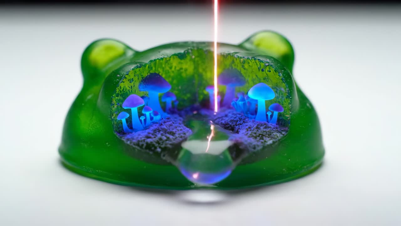 Green gummy bear with laser and miniature mushroom scene