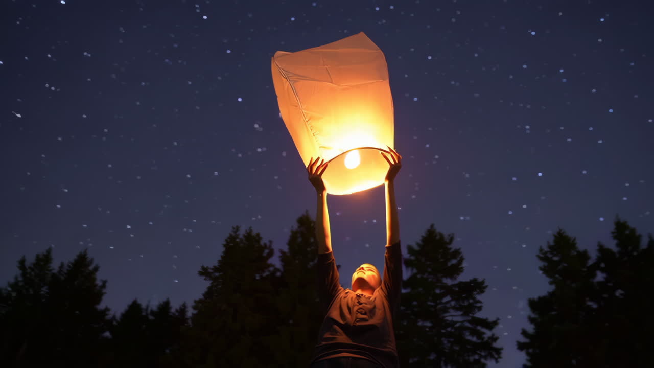 Person releasing a sky lantern at night