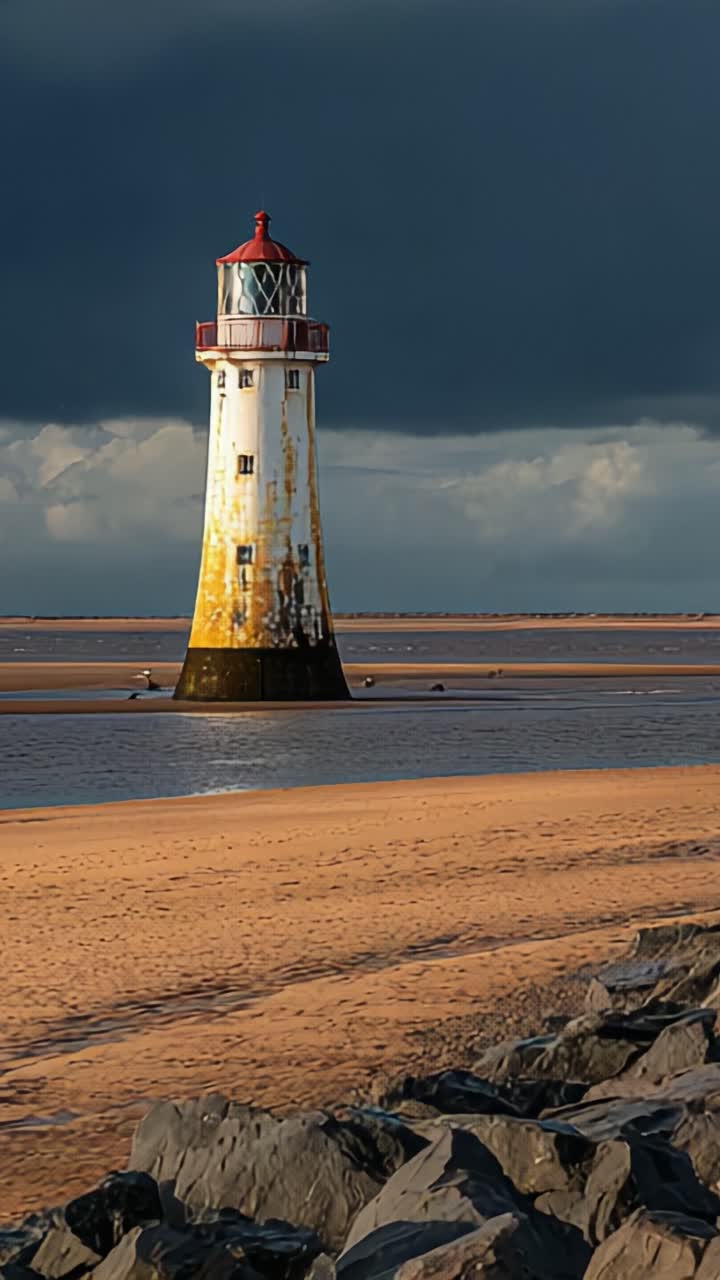 A Majestic Lighthouse Stands Resilient Against the Stormy Skies, Illuminating the Sandy Shoreline and Reflecting the Beauty of Nature's Drama