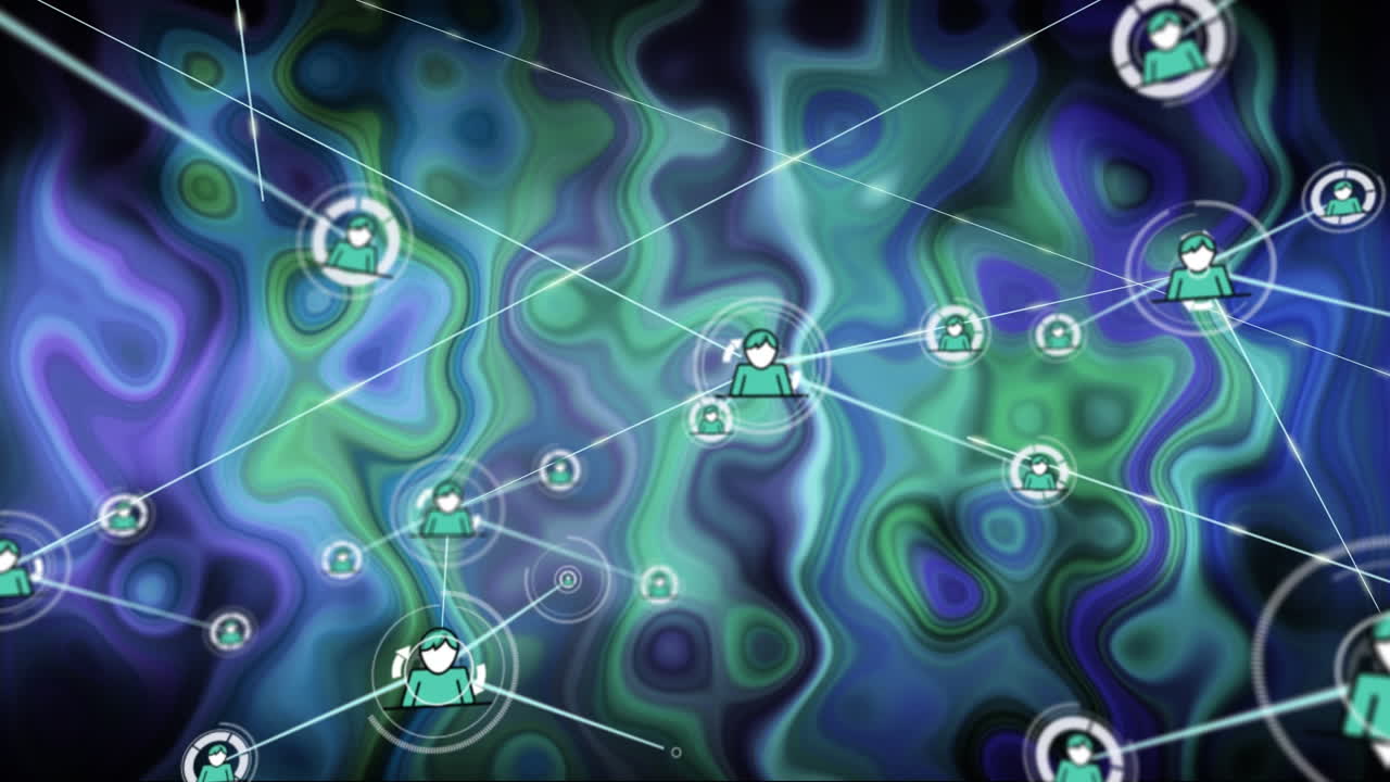 animación de la red de conexiones de iconos de usuario en fondo azul