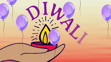 animación de globos flotantes sobre diwali y una vela en la mano