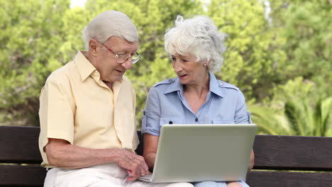 una pareja de ancianos usando una computadora portátil