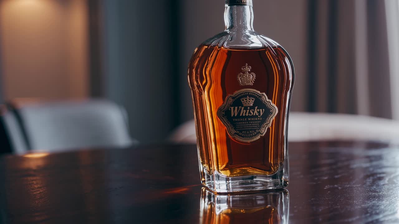 Elegante bottiglia di whisky su un tavolo lucido, ripresa dal basso.