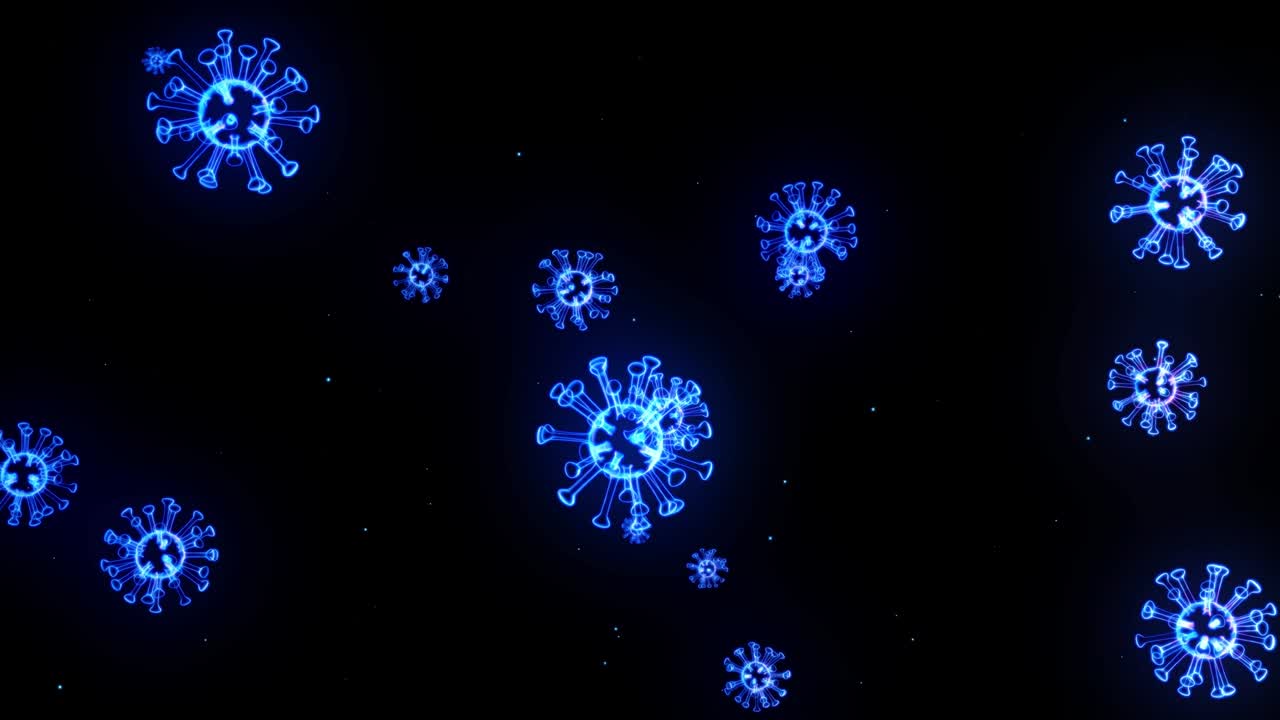 blue glowing holographic image of coronavirus like covid-19 virus or influenza virus flies in air or float smoothly on black background. 3D animation in 4k looped. For informational presentation.