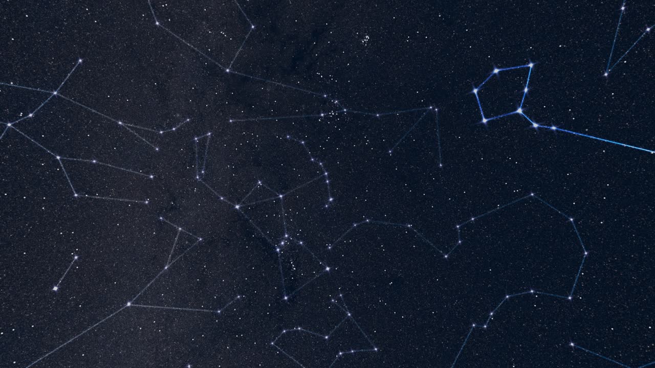 constelaciones brillantes en el cielo nocturno girando alrededor. animación en bucle.