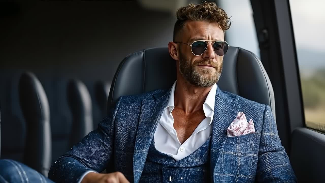 A man in a suit and sunglasses sitting in a bus