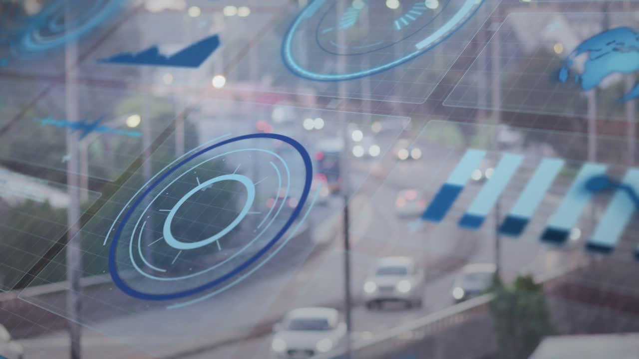 Circular HUD rotating as vehicles enter frame, tracking traffic flow with translucent AR graphics