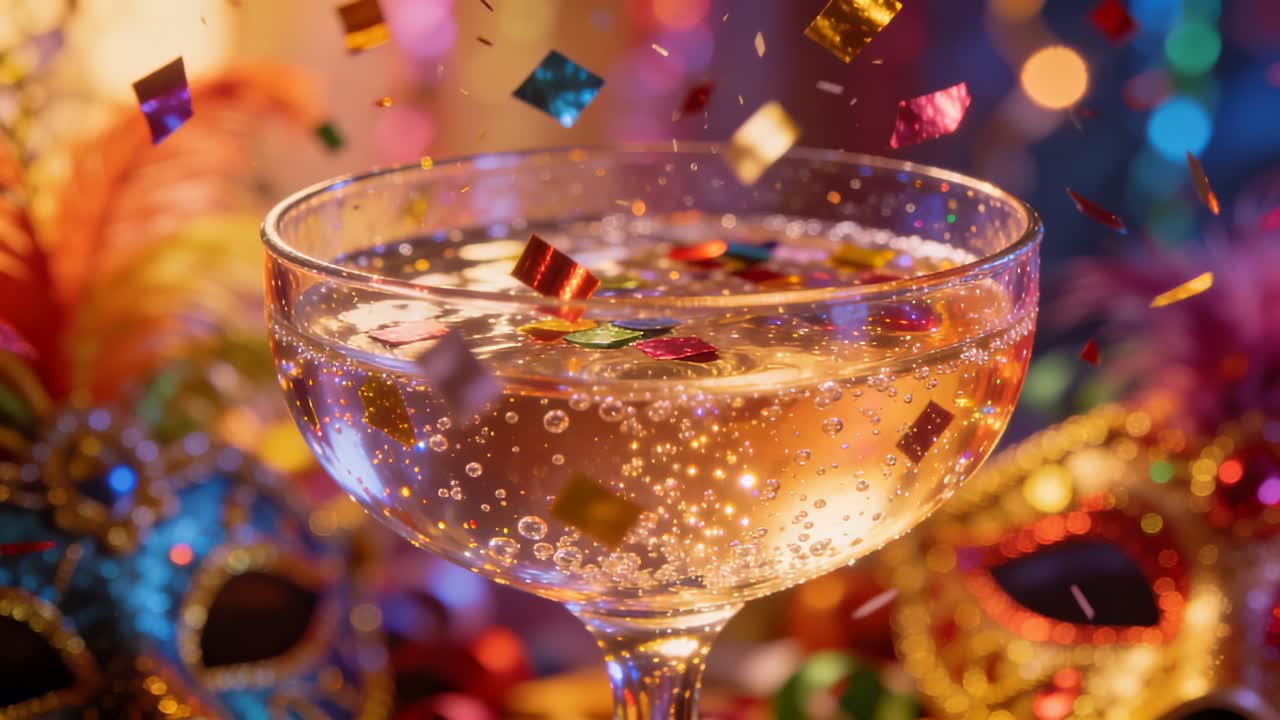coriandoli colorati che cadono su una coppa da champagne in un allestimento festivo, bolle che salgono, maschere sfocate