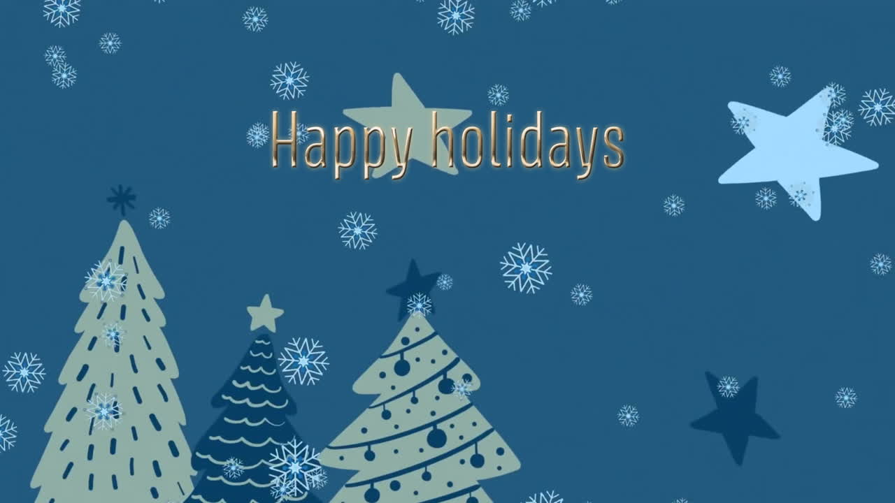 행복한 휴일의 애니메이션 텍스트와 눈이 파란색 배경에 크리스마스 나무 위에 떨어지는