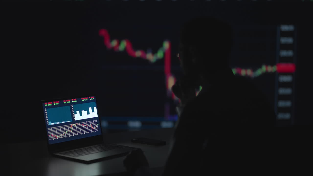 Financial Analyst Working on a Computer with Multi-Monitor Workstation with Real-Time Stocks Commodities and Exchange Market Charts. Businessman Works in Investment Bank Downtown Office at Night.