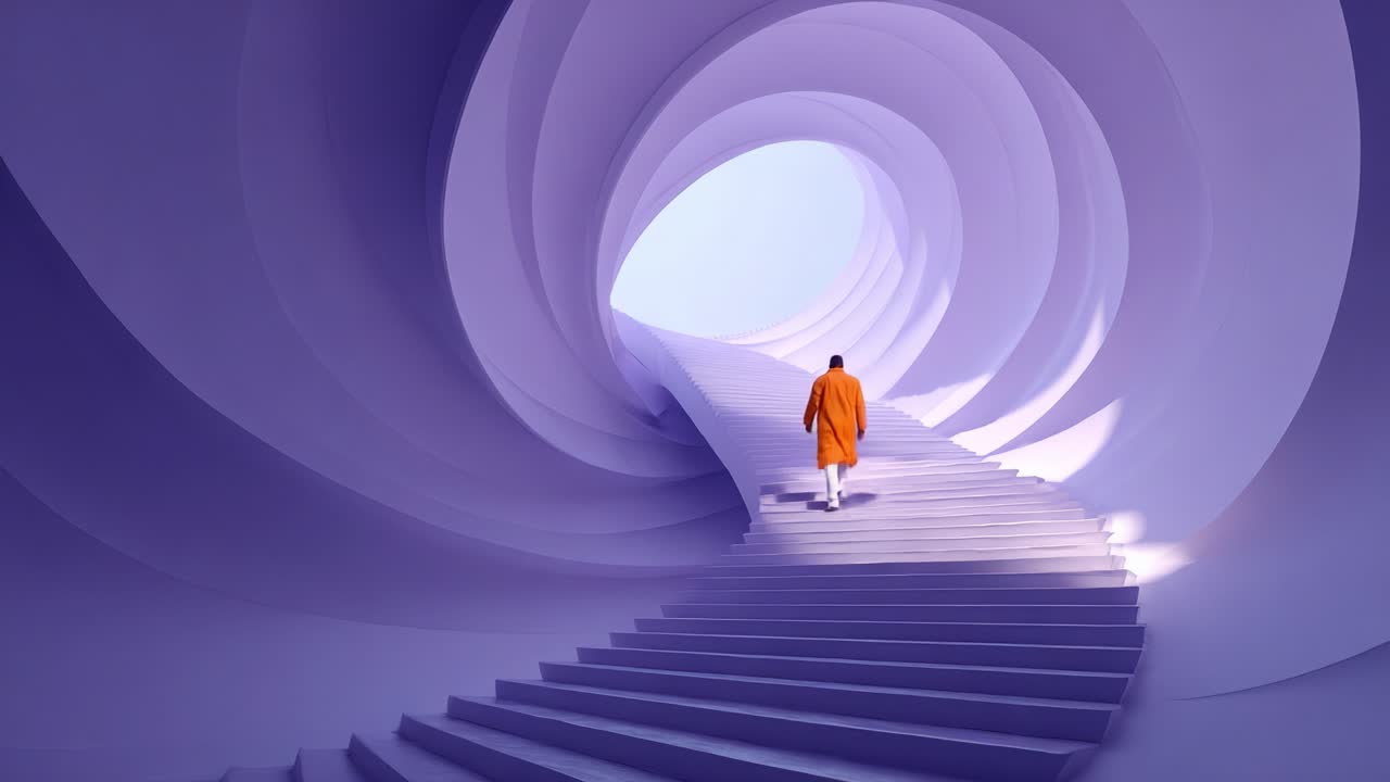 A solitary figure in an orange garment ascends a spiraling staircase within a mesmerizing and abstract spiral corridor, accentuated by soft lighting and a serene atmosphere