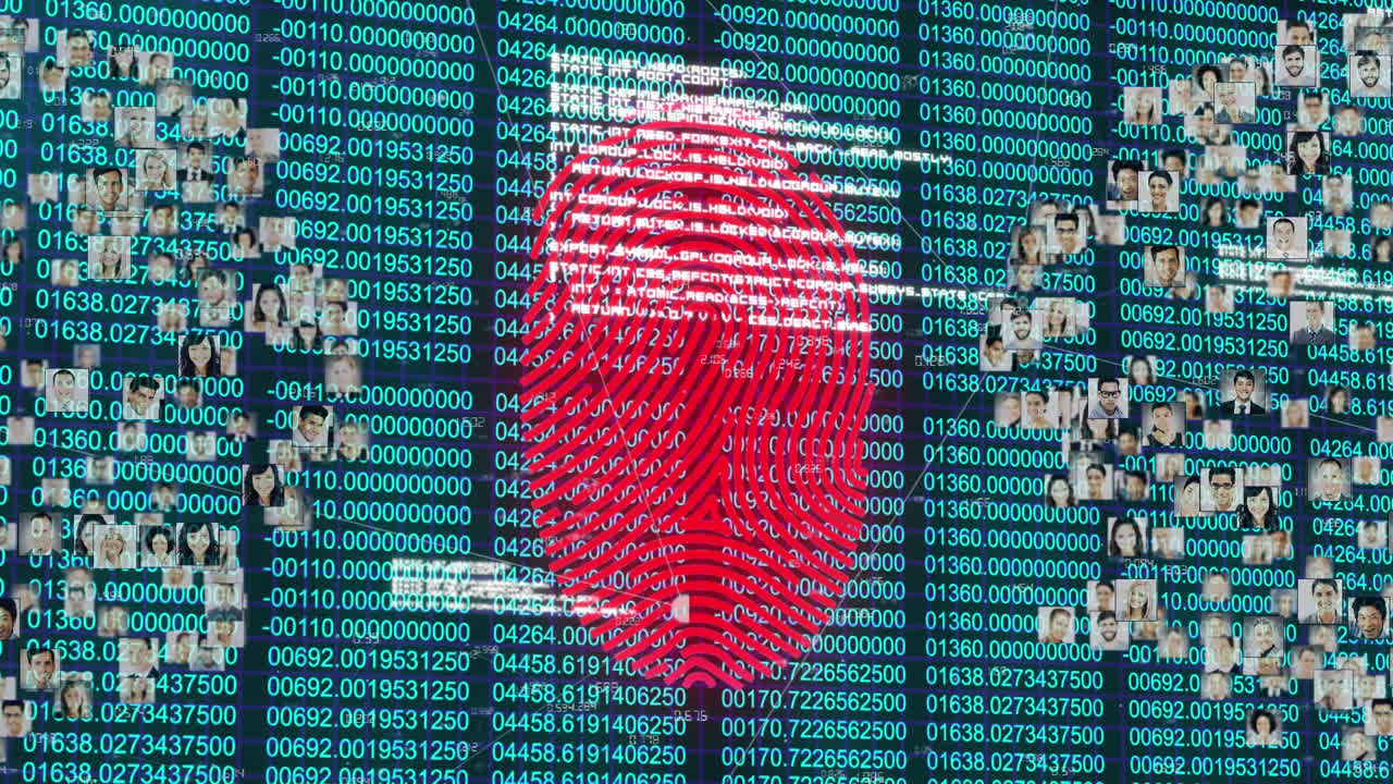 animación del procesamiento de datos biométricos de huellas dactilares y la red de conexiones sobre fondo oscuro