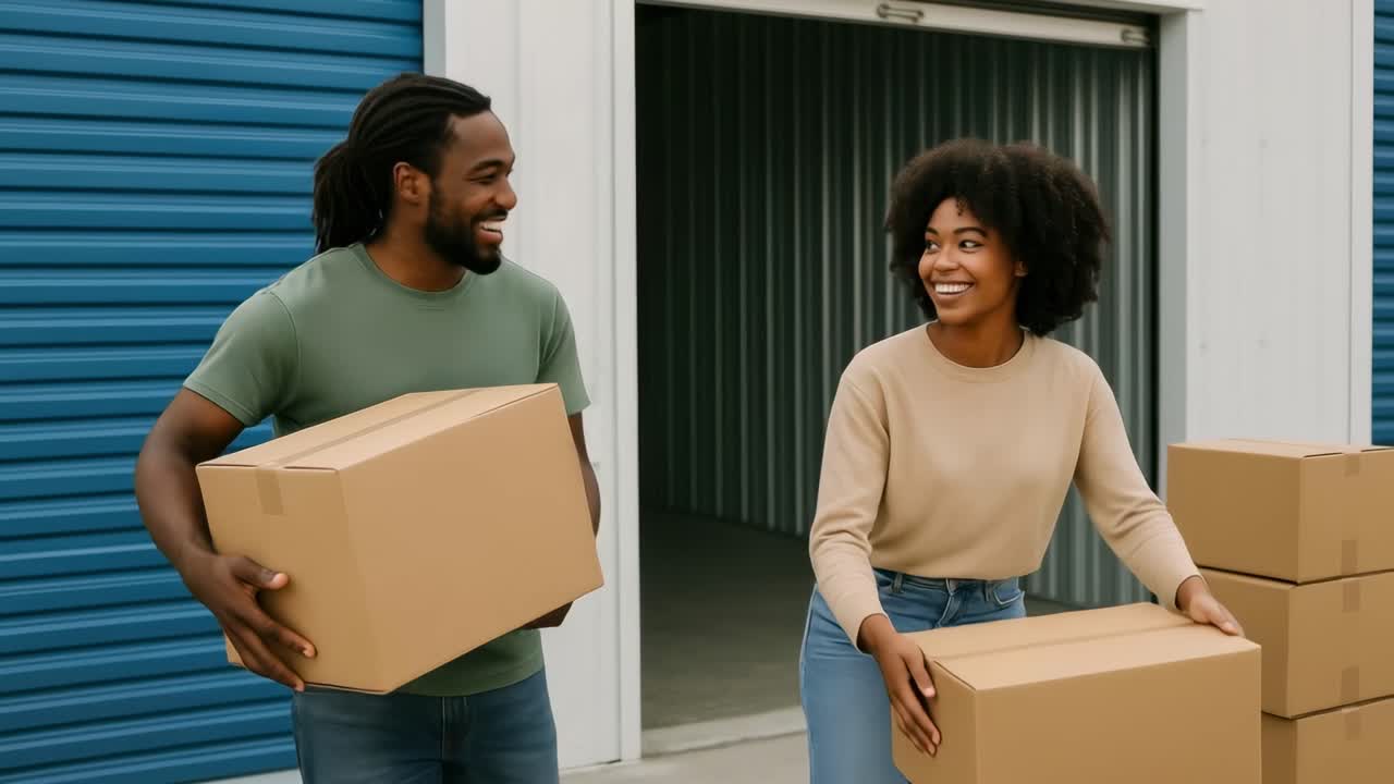 A cheerful couple carries boxes in front of a storage unit. The video captures them from a side