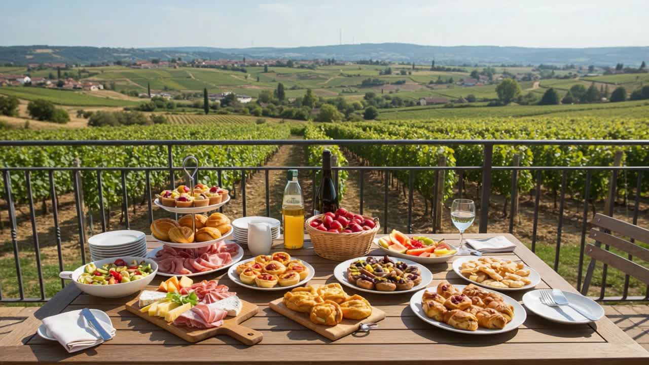 A Scenic Gastronomic Feast: An Abundant Spread of Fresh Foods and Desserts Overlooking Lush Vineyard Landscapes in a Sunny, Serene Setting