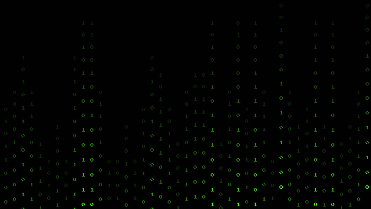 Animation of binary coding digital data processing over black background