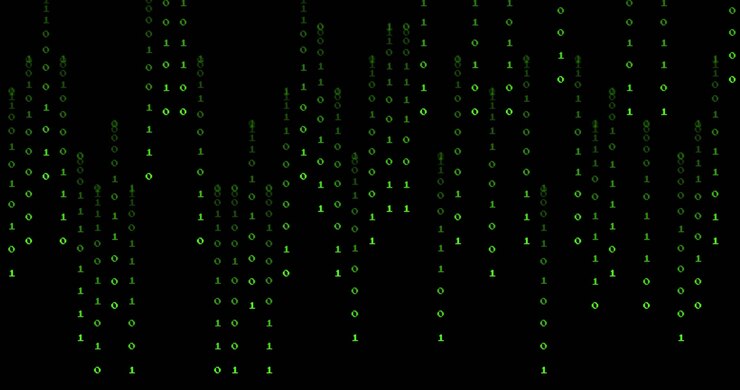 Animation of binary coding digital data processing over black background