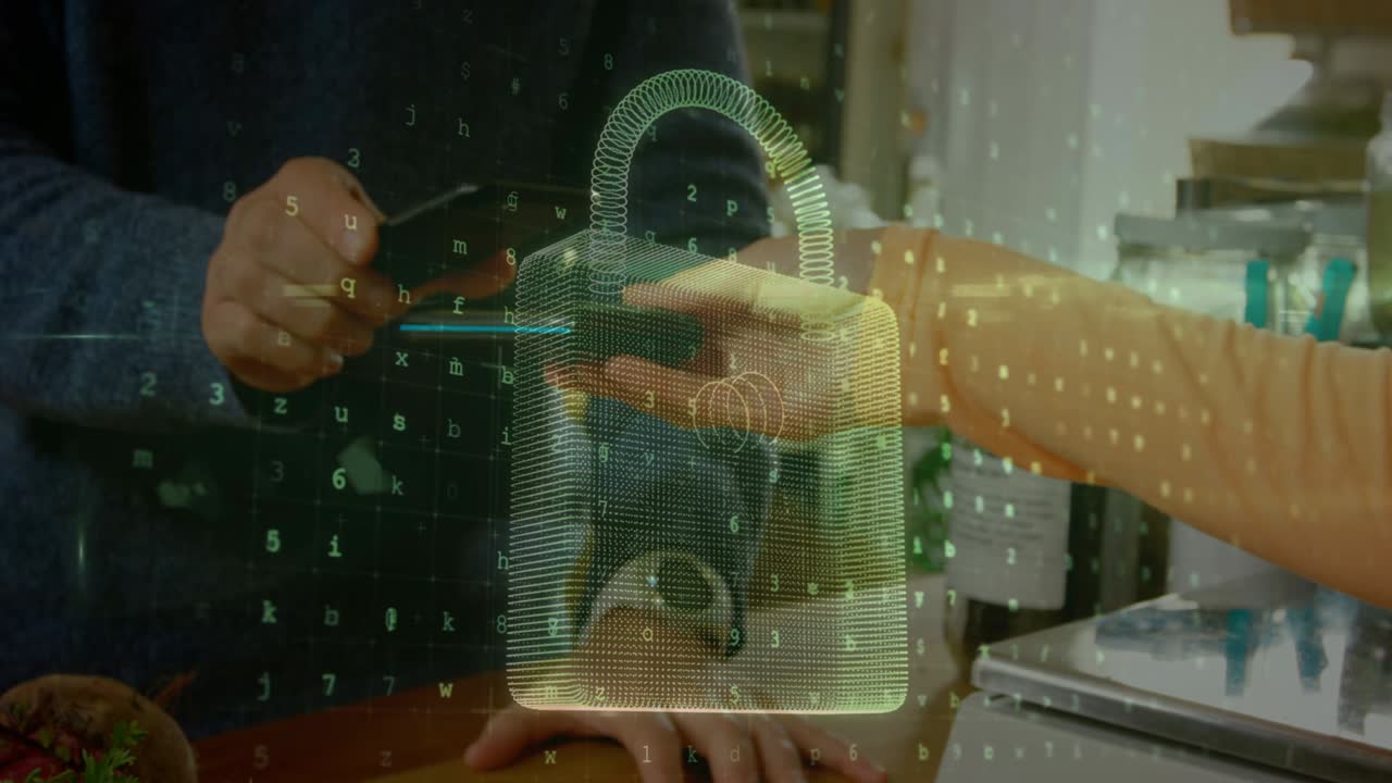 animación del candado de seguridad de la red sobre las personas que utilizan el terminal de pago