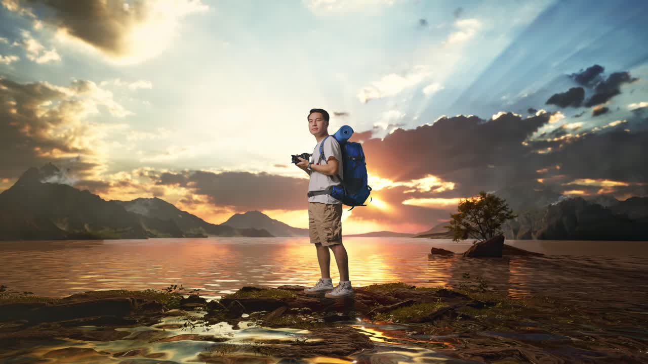 vista lateral completa del cuerpo del excursionista masculino asiático con mochila de montañismo sonriendo y sosteniendo una cámara en sus manos luego mirando a su alrededor en un lago