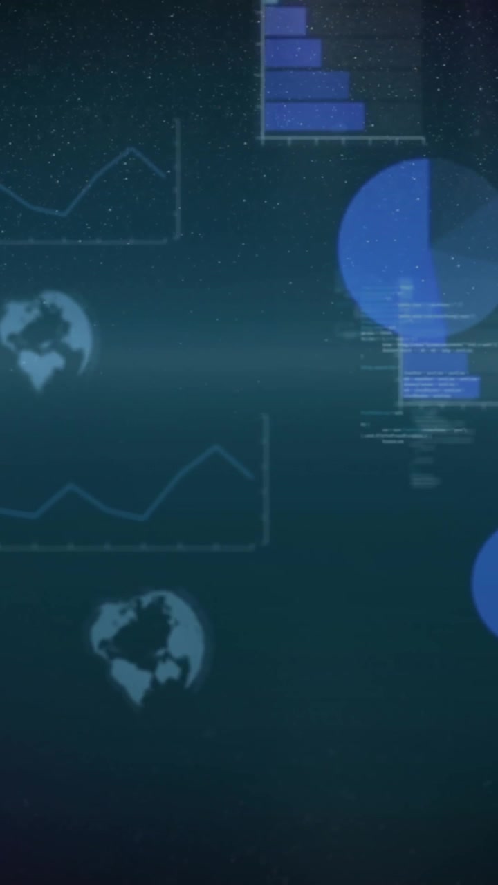 Animation of digital data processing over globes on dark background