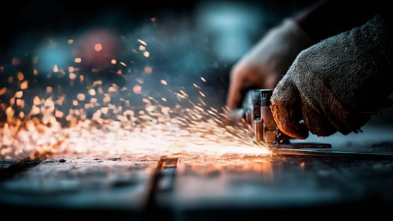 Craftsmanship in Action: A Close-Up of a Skilled Artisan Operating a Cutting Tool, Creating Sparks Amidst Beautiful Bokeh Effects and Industrial Surroundings