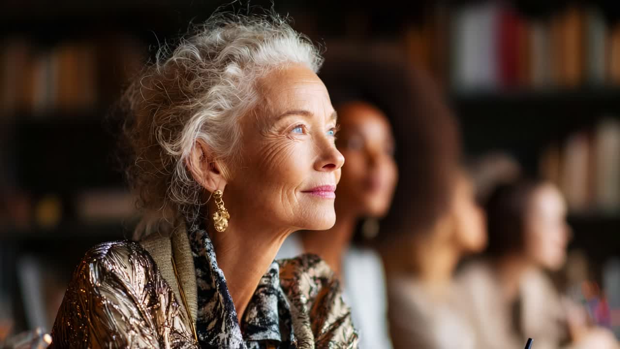 A Graceful Elderly Woman Reflecting in a Room Full of Individuals Deep in Thought, Illustrating Wisdom and Experience Amidst a Thoughtful Gathering