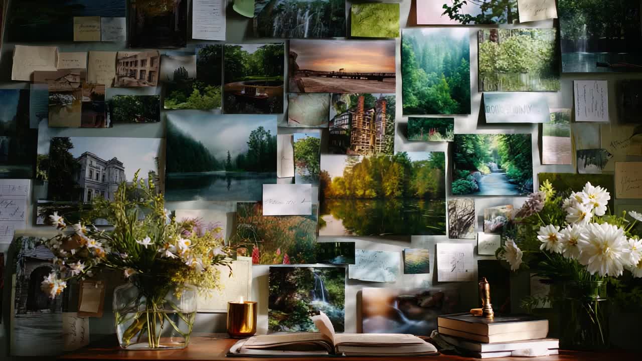 A Beautiful Collection of Nature Photographs Displayed on a Wall, Complemented by Flowers and Books in a Cozy Interior Setting, Perfect for Inspiring Creativity and Serenity