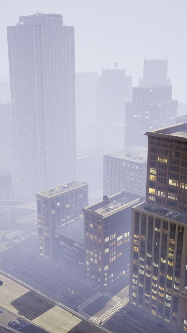 Dense fog envelops a city skyline creating a mysterious urban landscape