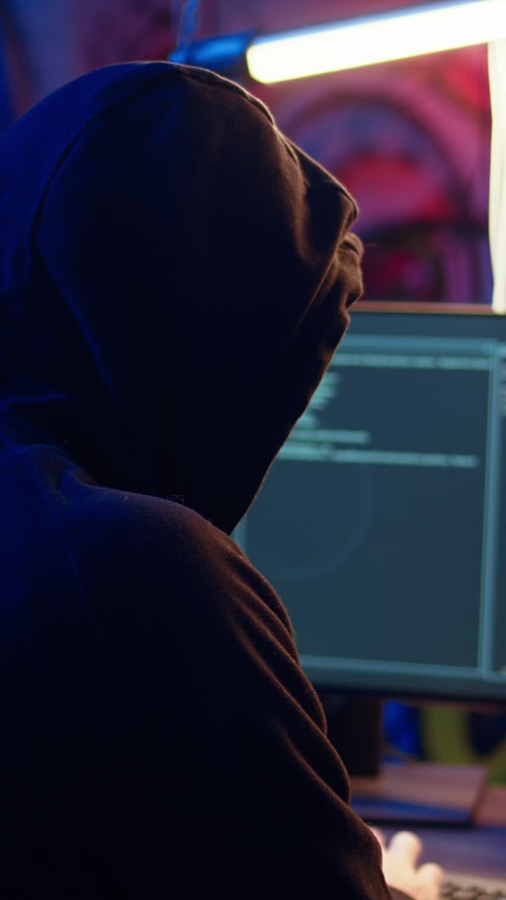 Hacker che distrugge firewall e infetta computer in video verticale, carrellata in avanti