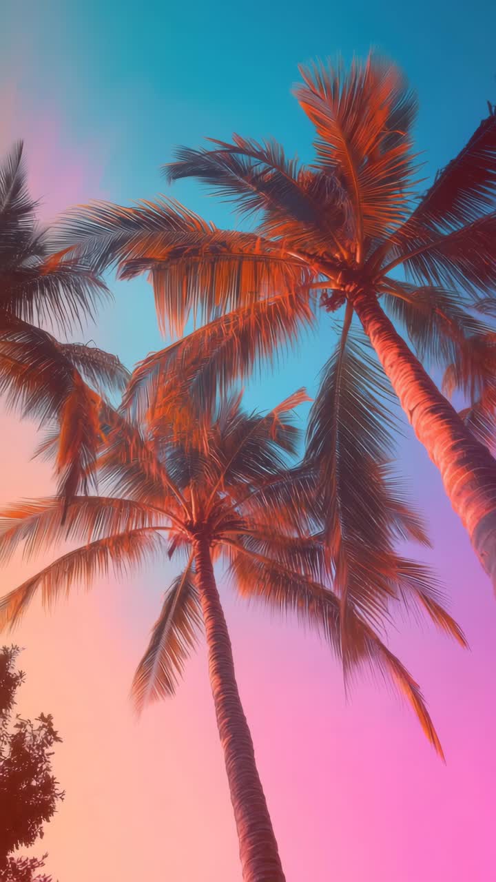 Vibrant tropical scene with tall palm trees shot from a low angle against a colorful sunset sky