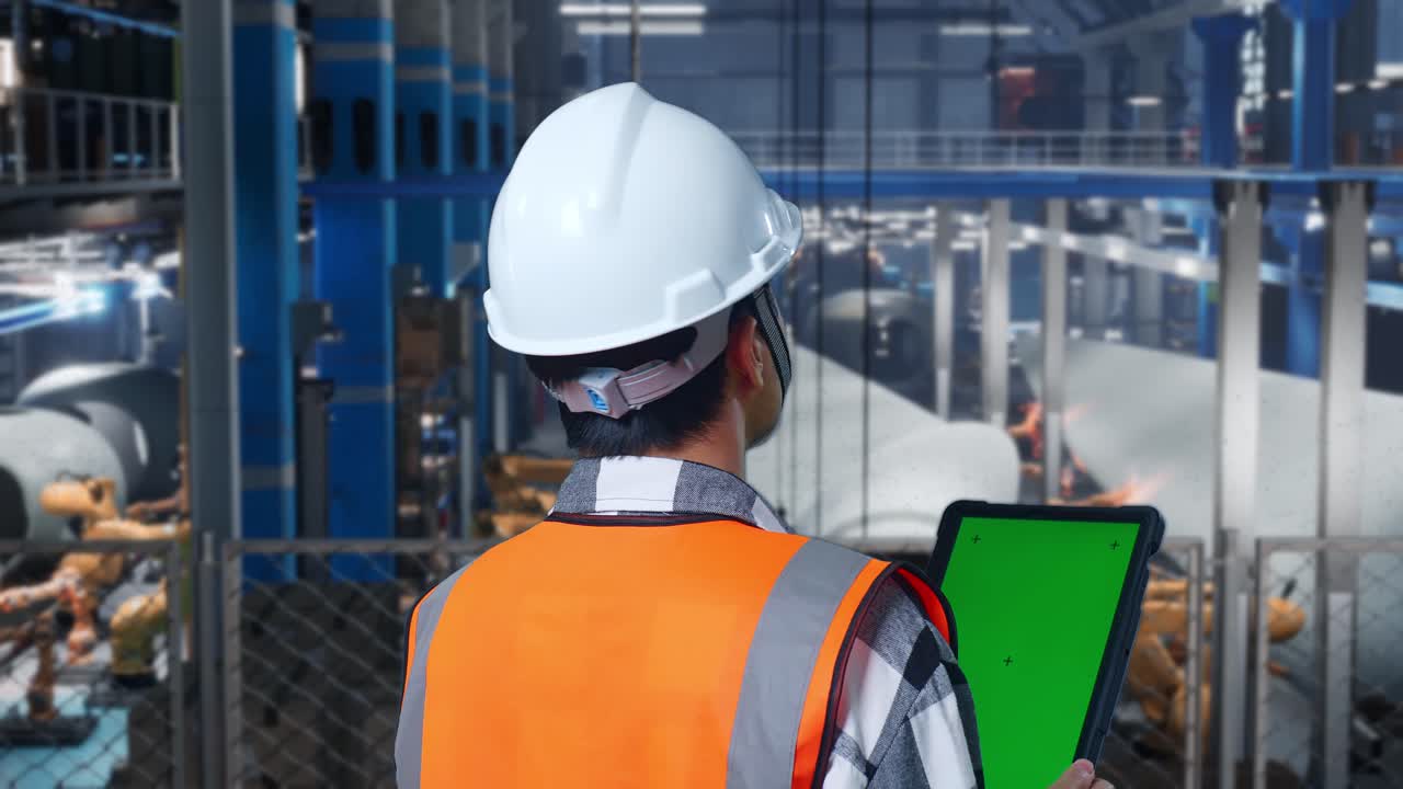 vista posterior cercana de un ingeniero masculino asiático con casco de seguridad de pie en una fábrica de fabricación de turbinas eólicas. zoom en la tableta de pantalla verde y mirando a su alrededor mientras el brazo robótico trabaja
