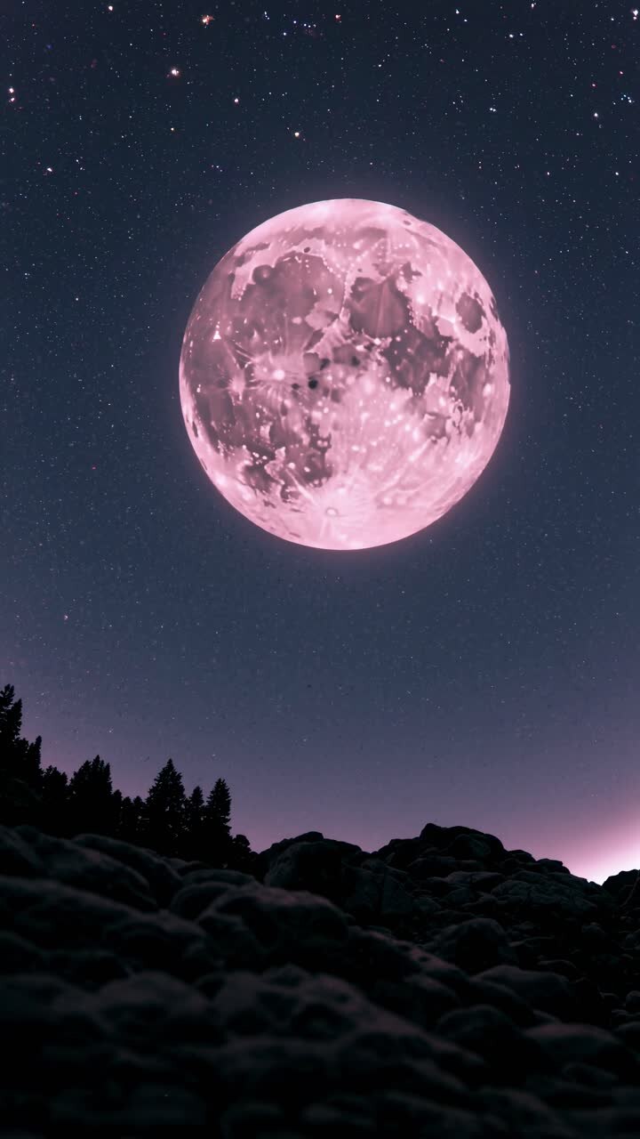Um conceito de vídeo surreal apresentando uma lua rosa em um céu noturno estrelado, capturado em ângulo baixo.