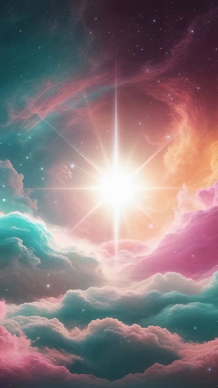 Vertical video: Radiating central starburst illuminating cosmic sky, with teal lavender pink clouds